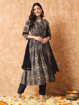 Sequinced Chantelle Net Anarkali Kurta in Navy Blue : UNJ1137