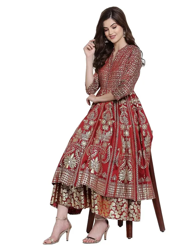 Maroon_Cotton_Silk_Latest_Ethnic_Wear_For_Women_Wedding_Dresses_Double_Layered_1_Piece_Arankali_Fit_Ethnic_Party_Dress_3/4_Sleeves_Foil_Printed_Band_Collar_Long_Fusion_Dress