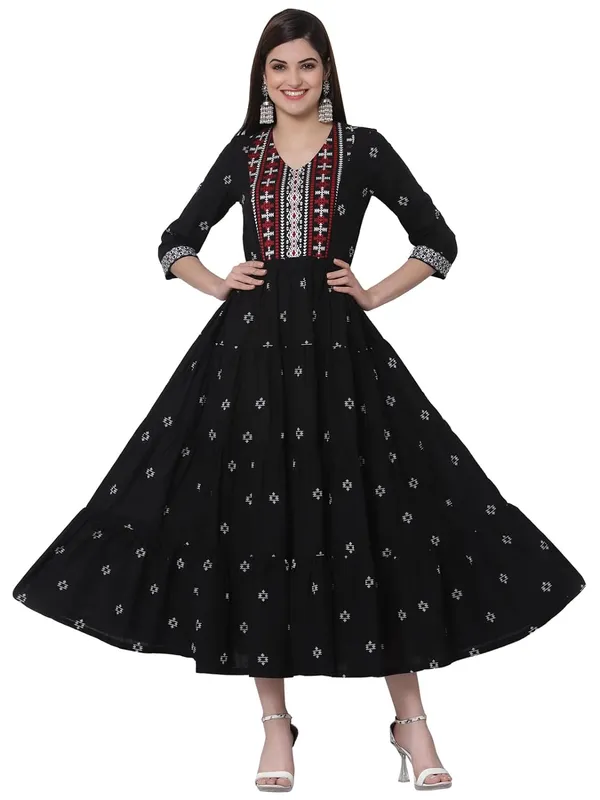 Black_Tiered_Dress_For_Women_Western_A-Line_Embroidery_Maxi_Long_Dresses__Mangalgiri_Cotton_3/4_Sleeves_1_Piece_Dress_For_Ladies