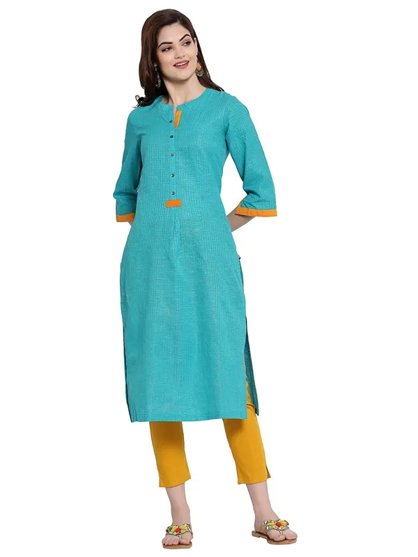Turquise_Mangalgiri_Slub_Zari_Check_Kurta_For_Women_Featuring_Band_Collar_Neck_&_Three_Quarter_Sleeves_&_Diamond_Cotton_Dobby_Trim_Detaling_With_A_Straight_Filhouette