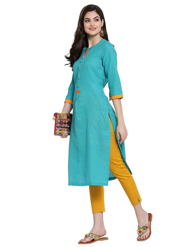 Turquise_Mangalgiri_Slub_Zari_Check_Kurta_For_Women_Featuring_Band_Collar_Neck_&_Three_Quarter_Sleeves_&_Diamond_Cotton_Dobby_Trim_Detaling_With_A_Straight_Filhouette