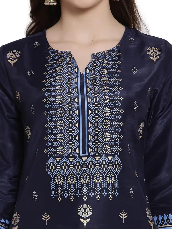 Navy_Blue_Shantung_Kurta_For_Women_Featuring_Round_Neck_&_Festooned_&_Gold_Embellishments|_Kurta_For_Ladies_1_Piece