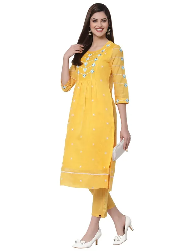 Yellow_Women_Cotton_Chanderi_Cotton_Silk_Kurta_With_Pant_Set