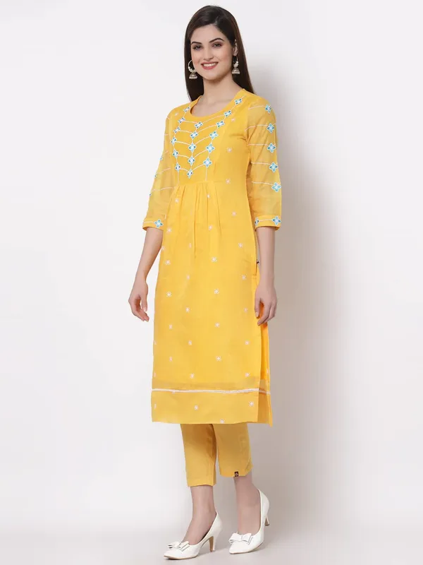 Yellow_Women_Cotton_Chanderi_Cotton_Silk_Kurta_With_Pant_Set