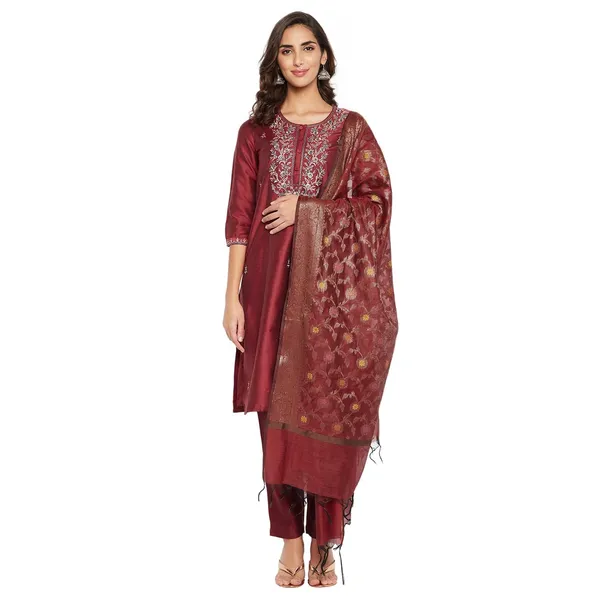 _Maroon_Cotton_Silk_Straight_Suit_Set_With_Dupatta_Readymade_Kurti_Pant_Set_Embroidery_Kurta_For_Women_3_Pcs_Set_,_Size,_38