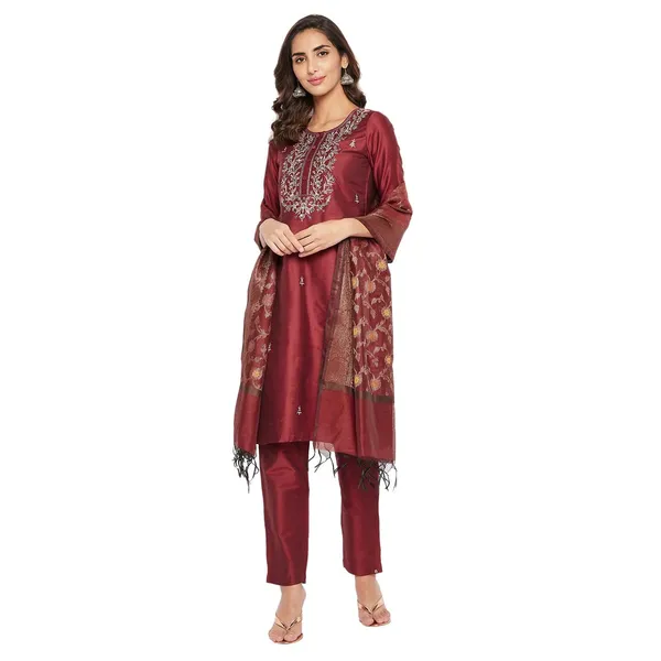 _Maroon_Cotton_Silk_Straight_Suit_Set_With_Dupatta_Readymade_Kurti_Pant_Set_Embroidery_Kurta_For_Women_3_Pcs_Set_,_Size,_38