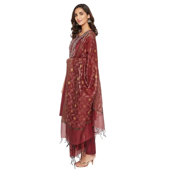 _Maroon_Cotton_Silk_Straight_Suit_Set_With_Dupatta_Readymade_Kurti_Pant_Set_Embroidery_Kurta_For_Women_3_Pcs_Set_,_Size,_38