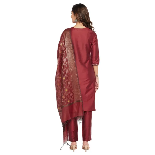 _Maroon_Cotton_Silk_Straight_Suit_Set_With_Dupatta_Readymade_Kurti_Pant_Set_Embroidery_Kurta_For_Women_3_Pcs_Set_,_Size,_38