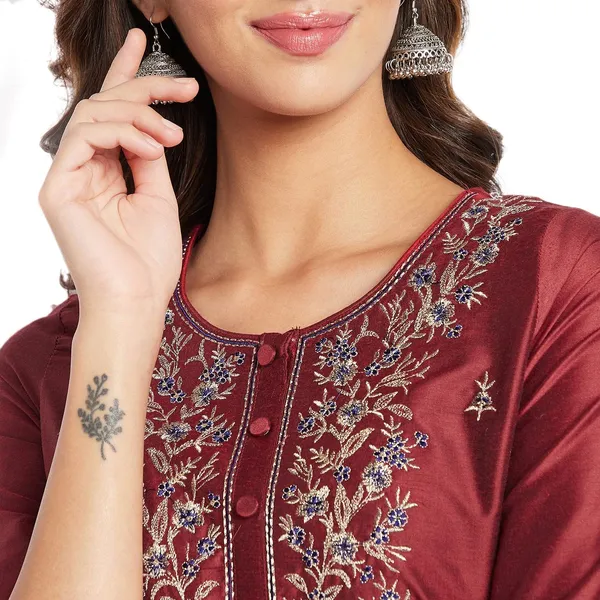 _Maroon_Cotton_Silk_Straight_Suit_Set_With_Dupatta_Readymade_Kurti_Pant_Set_Embroidery_Kurta_For_Women_3_Pcs_Set_,_Size,_38
