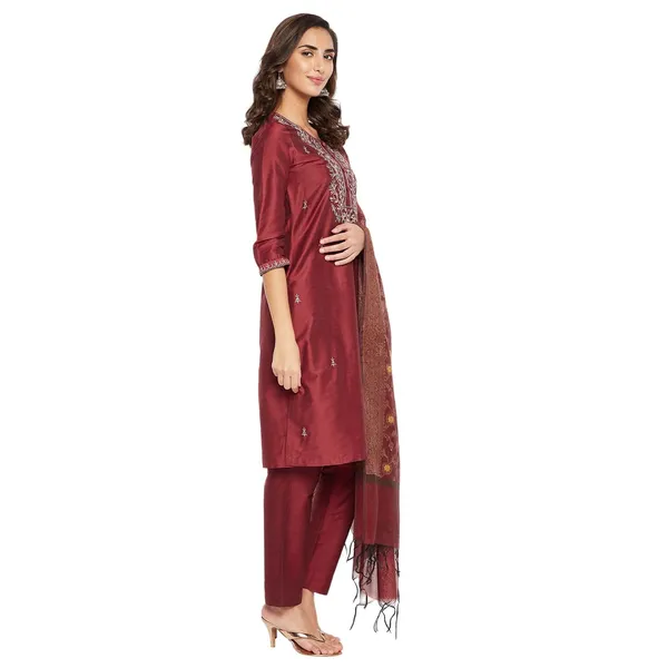 _Maroon_Cotton_Silk_Straight_Suit_Set_With_Dupatta_Readymade_Kurti_Pant_Set_Embroidery_Kurta_For_Women_3_Pcs_Set_,_Size,_38