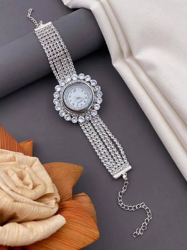 Gujju Jewellers Designer Diamond And Stone Silver Watch For Girls