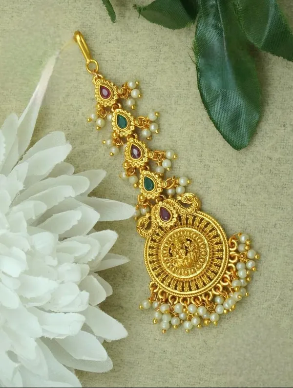 Vihaa Jewellery Matte Gold Plated Temple Jewellery Inspired Laksmi Mata Maang Tikka Maang Tika Embellished With Ruby And Emerald For Women And Girls Pack Of 1 Price in India Buy Vihaa Jewellery