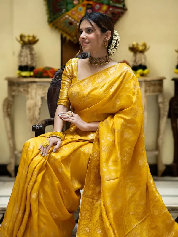 Yellow colour silk saree for wedding outlet