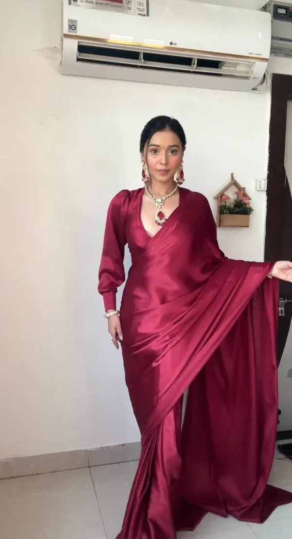 SAARYA Burgundy Sequinned Satin Ready to Wear Saree - Absolutely Desi