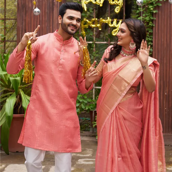 Sumitra_Gold_Pink_Couple_Set_Saree_and_Kurta