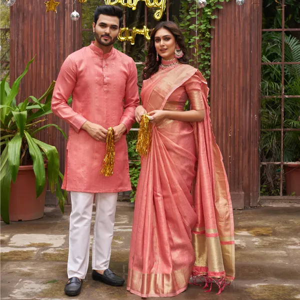 Sumitra_Gold_Pink_Couple_Set_Saree_and_Kurta
