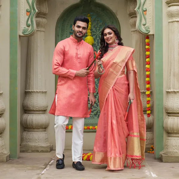 Sumitra_Gold_Pink_Couple_Set_Saree_and_Kurta