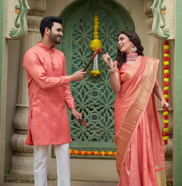 Sumitra_Gold_Pink_Couple_Set_Saree_and_Kurta