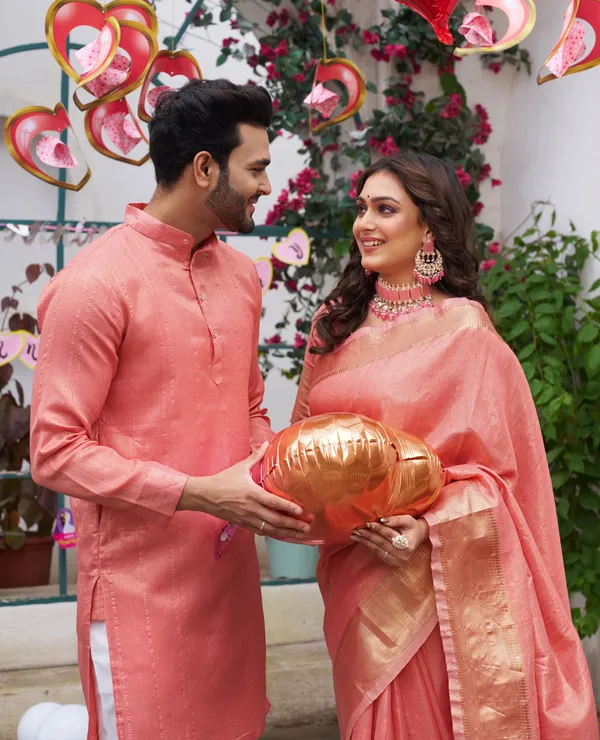 Sumitra_Gold_Pink_Couple_Set_Saree_and_Kurta