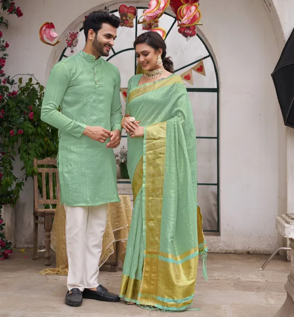 Bansri_Gold_Teal_Couple_Set_Saree_and_Kurta