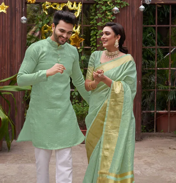 Bansri_Gold_Teal_Couple_Set_Saree_and_Kurta