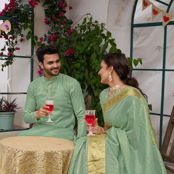 Bansri_Gold_Teal_Couple_Set_Saree_and_Kurta