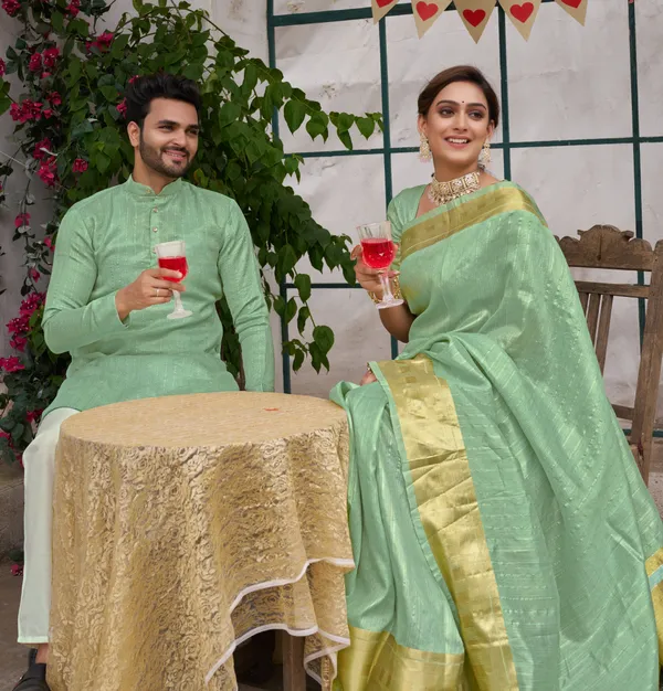 Bansri_Gold_Teal_Couple_Set_Saree_and_Kurta