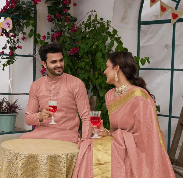 Bansri_Gold_Pink_Couple_Set_Saree_and_Kurta