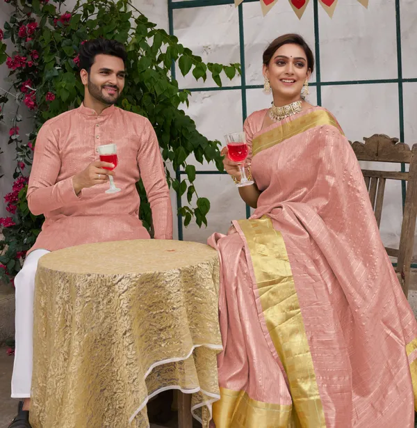 Bansri_Gold_Pink_Couple_Set_Saree_and_Kurta