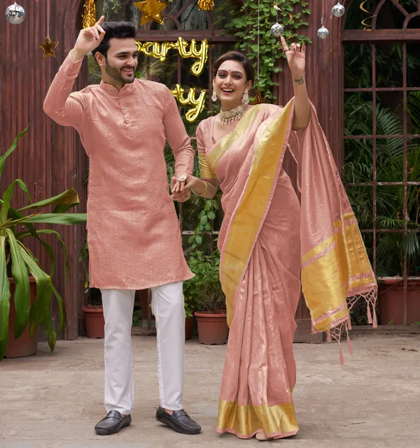 Bansri_Gold_Pink_Couple_Set_Saree_and_Kurta