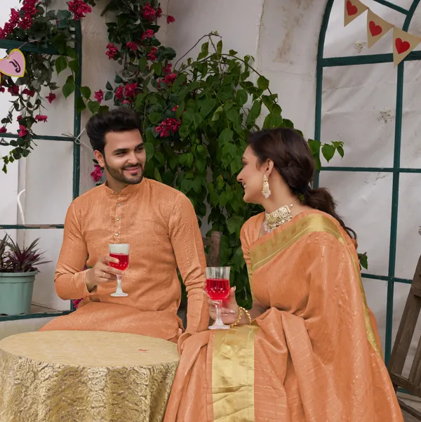 Cotton_Stripe_Silk_Saree_and_Kurta_with_Pyjama_Peach_Couple_Set_Matching_Dress