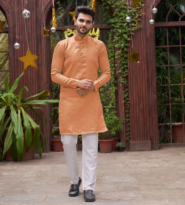Cotton_Stripe_Silk_Saree_and_Kurta_with_Pyjama_Peach_Couple_Set_Matching_Dress