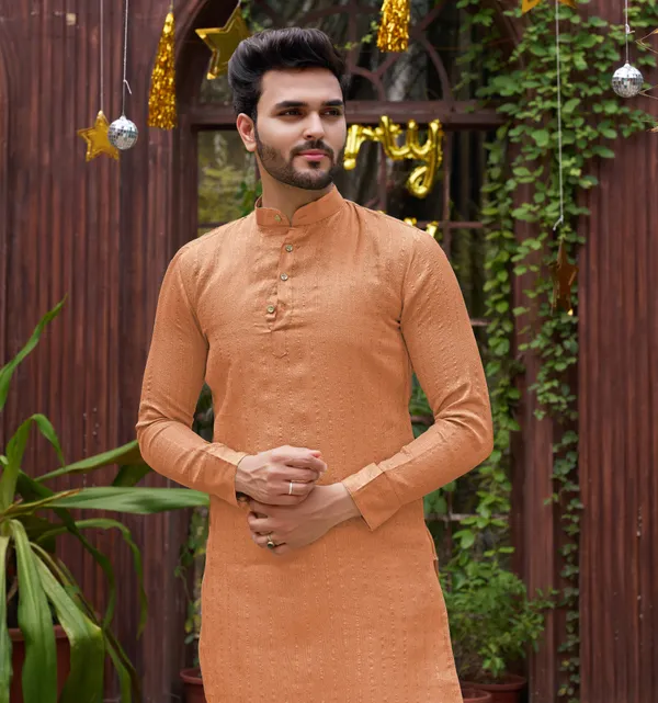 Cotton_Stripe_Silk_Saree_and_Kurta_with_Pyjama_Peach_Couple_Set_Matching_Dress