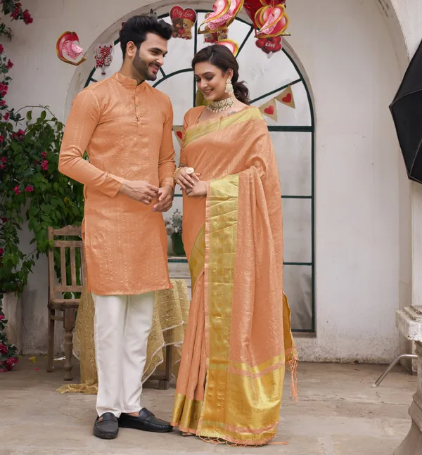 Cotton_Stripe_Silk_Saree_and_Kurta_with_Pyjama_Peach_Couple_Set_Matching_Dress
