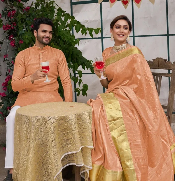 Cotton_Stripe_Silk_Saree_and_Kurta_with_Pyjama_Peach_Couple_Set_Matching_Dress
