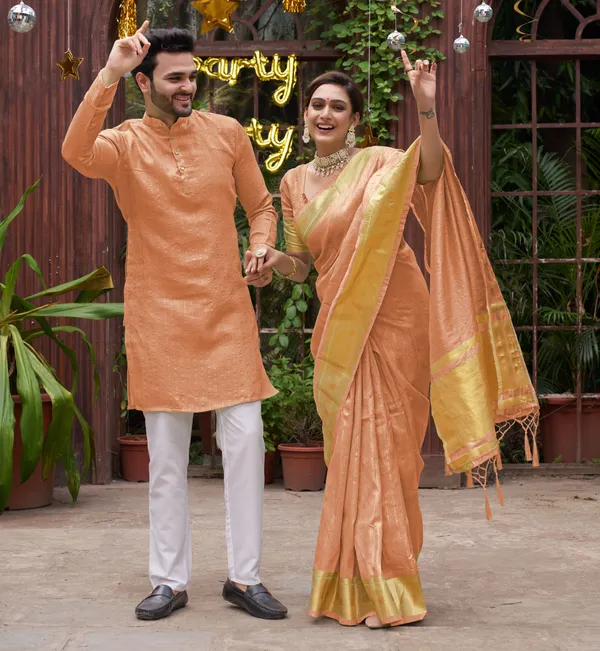 Cotton_Stripe_Silk_Saree_and_Kurta_with_Pyjama_Peach_Couple_Set_Matching_Dress