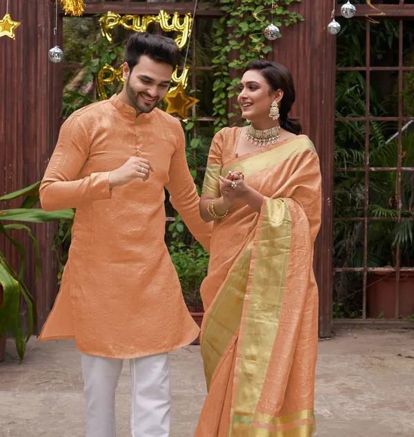 Cotton_Stripe_Silk_Saree_and_Kurta_with_Pyjama_Peach_Couple_Set_Matching_Dress