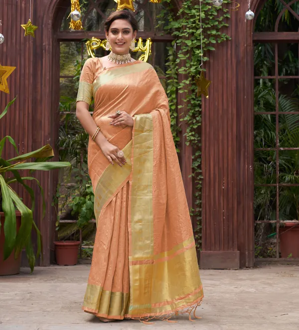 Cotton_Stripe_Silk_Saree_and_Kurta_with_Pyjama_Peach_Couple_Set_Matching_Dress