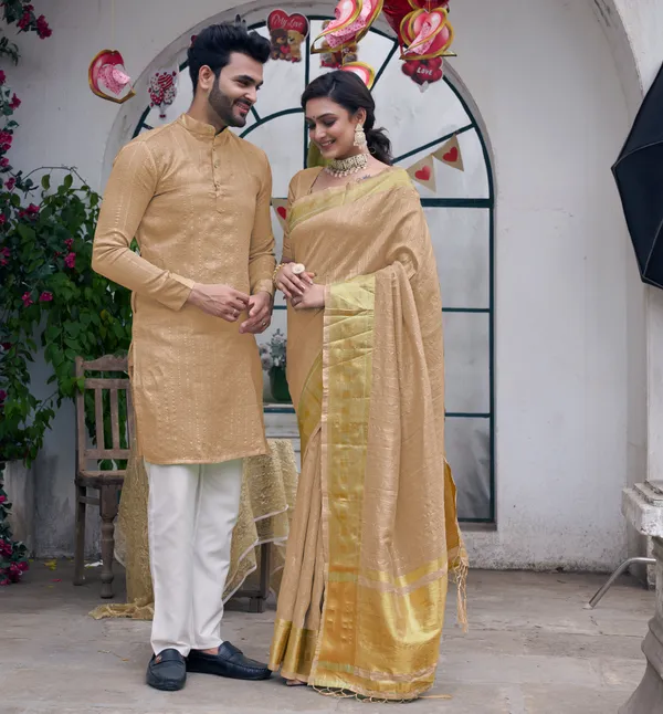 Bansri_Gold_Cream_Couple_Set_Saree_and_Kurta