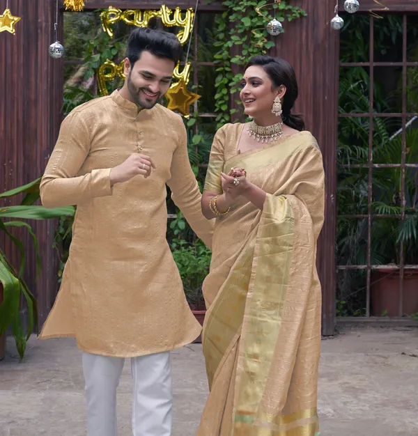 Bansri_Gold_Cream_Couple_Set_Saree_and_Kurta