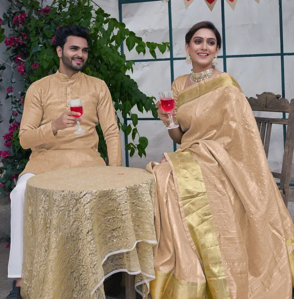 Bansri_Gold_Cream_Couple_Set_Saree_and_Kurta