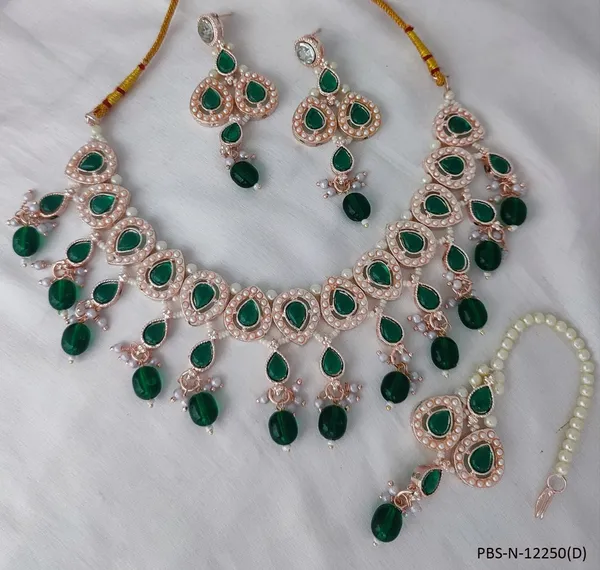 Stone_Studded_Necklace_Set_For_Women_|_Designer_Jewelry_Set_with_Earring_|_Dark_Green