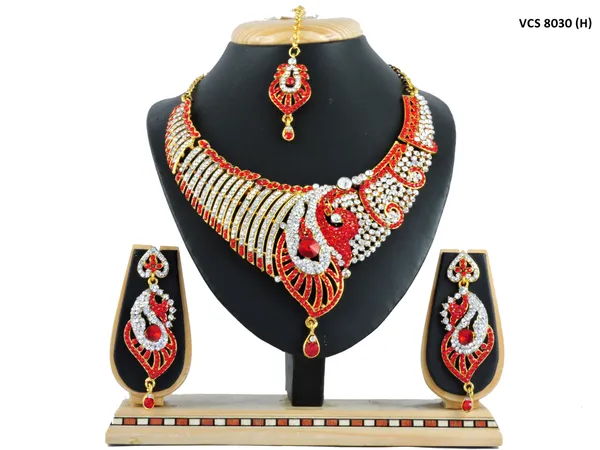 Stone_Studded_Necklace_Set_For_Women_|_Designer_Jewelry_Set_with_Earring_|_Red_and_White