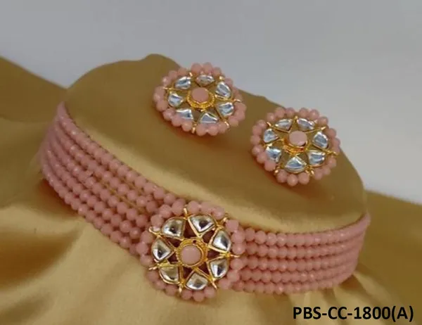 Alloy_Gold-_Plated_Necklace_Set_With_Earring_for_Women_|_Stone_Studded_Choker_Set__|_Peach
