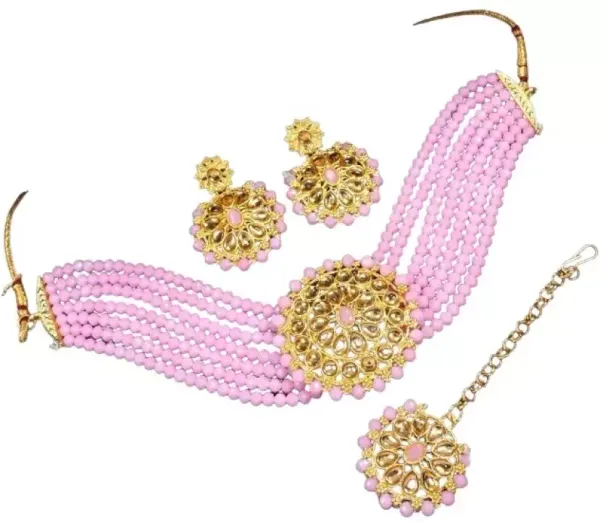 Alloy_Gold-_Plated_Necklace_Set_With_Earring_for_Women_|_Stone_Studded_Choker_Set__|_Pink
