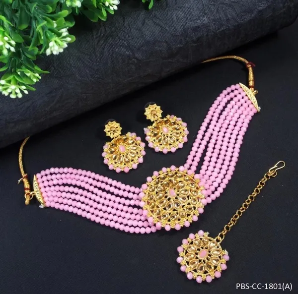 Alloy_Gold-_Plated_Necklace_Set_With_Earring_for_Women_|_Stone_Studded_Choker_Set__|_Pink