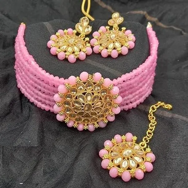 Alloy_Gold-_Plated_Necklace_Set_With_Earring_for_Women_|_Stone_Studded_Choker_Set__|_Pink