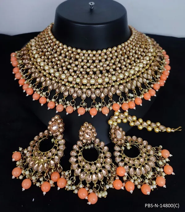Stone_Studded_Necklace_Set_For_Women_|_Designer_Jewelry_Set_with_Earring_|_Peach