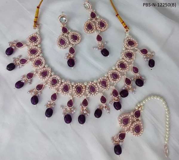 Stone_Studded_Necklace_Set_For_Women_|_Designer_Jewelry_Set_with_Earring_|_Purple
