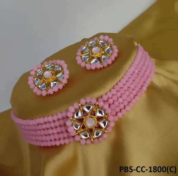 Alloy_Gold-_Plated_Necklace_Set_With_Earring_for_Women_|_Stone_Studded_Choker_Set__|_Pink
